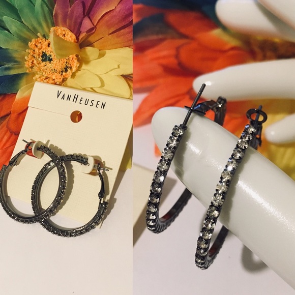 Van Heusen Paved Gunmetal Steel 40mm Hoop Earrings - Picture 2 of 5